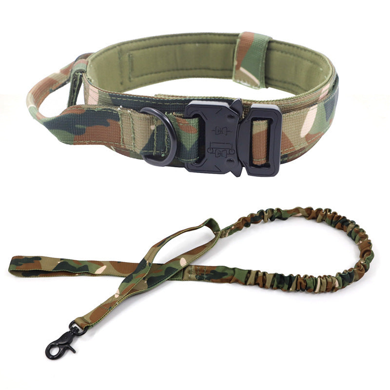Tarnfarbenes Hundehalsband und Leine Set, robust, verstellbar, für Outdoor-Aktivitäten.