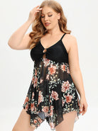 Plus-Size Damen-Badeanzug, schwarz mit floralen Mustern, V-Ausschnitt, verstellbare Träger, ideal für Strandmode und Sommerurlaub.