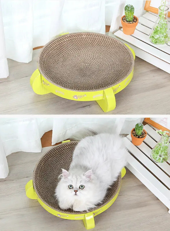 Katzensofa aus Pappe, rund, gelb, mit Kratzfläche, ideal für Katzen zum Spielen und Entspannen.