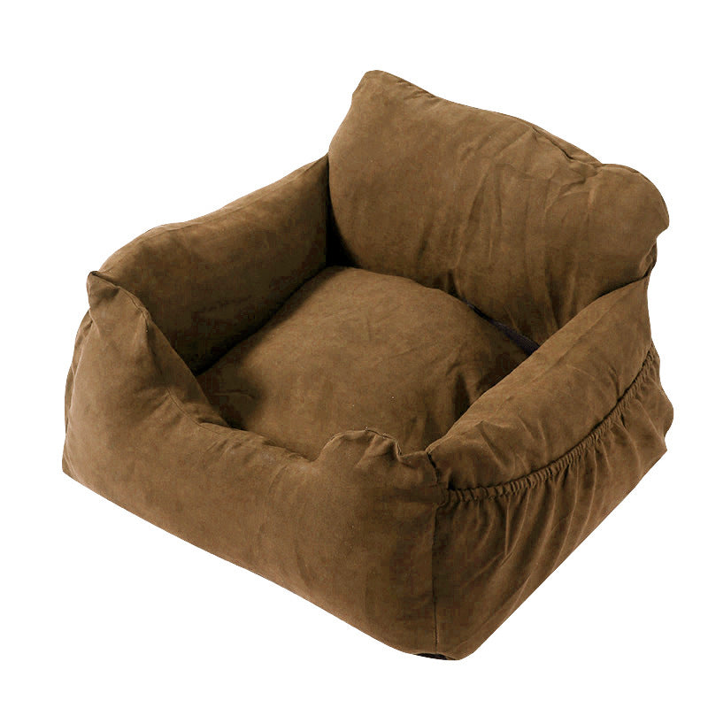 Braunes Hundebett aus Stoff, quadratisch, gemütlich, ideal für kleine bis mittelgroße Hunde.