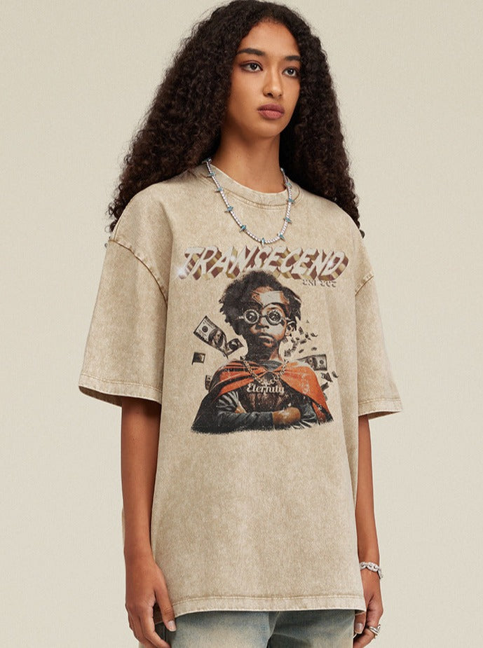 Damen-T-Shirt mit Grafikdruck, lässiger Oversize-Schnitt, Baumwollmaterial, modisches Design, ideal für Streetwear und Freizeitkleidung.