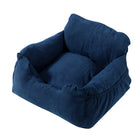 Blaues Hundebett aus weichem Stoff, quadratisch, gemütlich, ideal für kleine Haustiere.