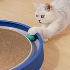 Weißer Kater spielt mit interaktivem Katzenspielzeug, Kratzbrett und Ball. Perfekt für Katzenunterhaltung und Krallenpflege.