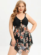 Feminines Plus-Size-Kleid mit floralen Mustern, ärmellos, V-Ausschnitt, ideal für Sommermode. Elegantes Design, bequem und stilvoll.