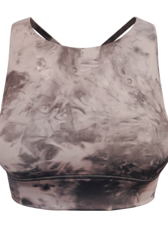 Damen Sport-BH mit grauem Batikmuster, nahtlos und atmungsaktiv. Ideal für Yoga, Fitness und Laufen. Bequeme Passform, modisches Design.