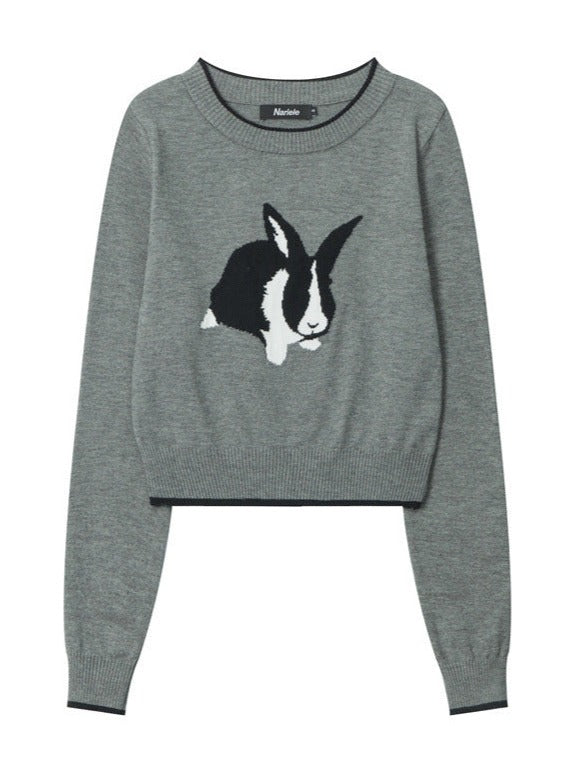Grauer Pullover mit Hasenmotiv, Damenmode, weicher Strick, lässiger Stil, ideal für Herbst und Winter, trendige Bekleidung, hochwertig.