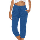 Damen Caprihose in Blau, lässig und bequem, mit Kordelzug und Taschen. Perfekt für Sommer, Freizeit und Sport. Hochwertige Baumwollmischung.