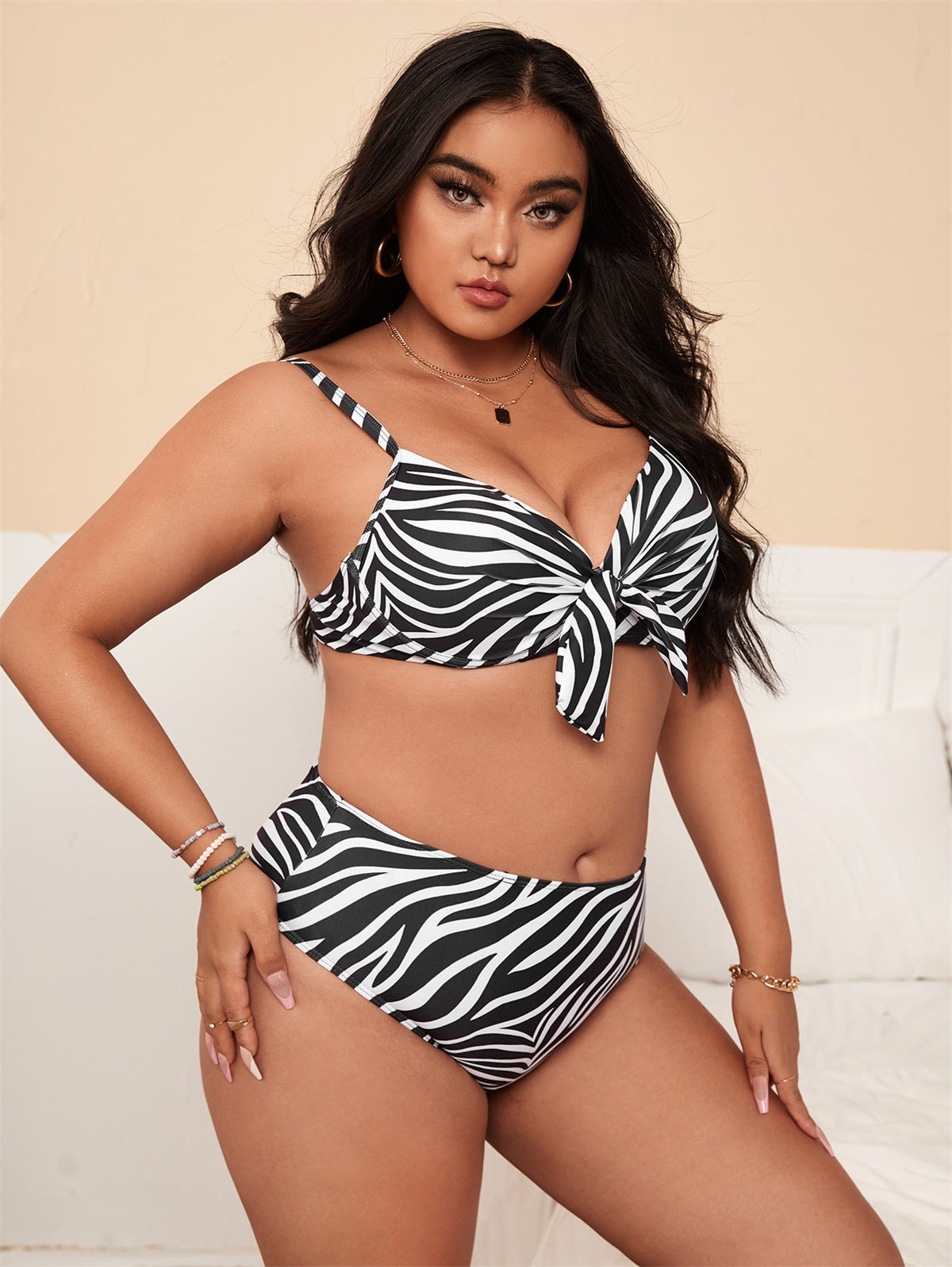 Zebra-Print-Bikini für Damen, Plus-Size, modisch, schwarz-weiß, Sommermode, Strandbekleidung, trendiges Design, bequeme Passform.