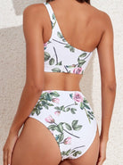 Damen-Bikini mit Blumenmuster, asymmetrisches Design, hoher Bund, Sommermode, Strandbekleidung, stilvoller Badeanzug, florales Muster.