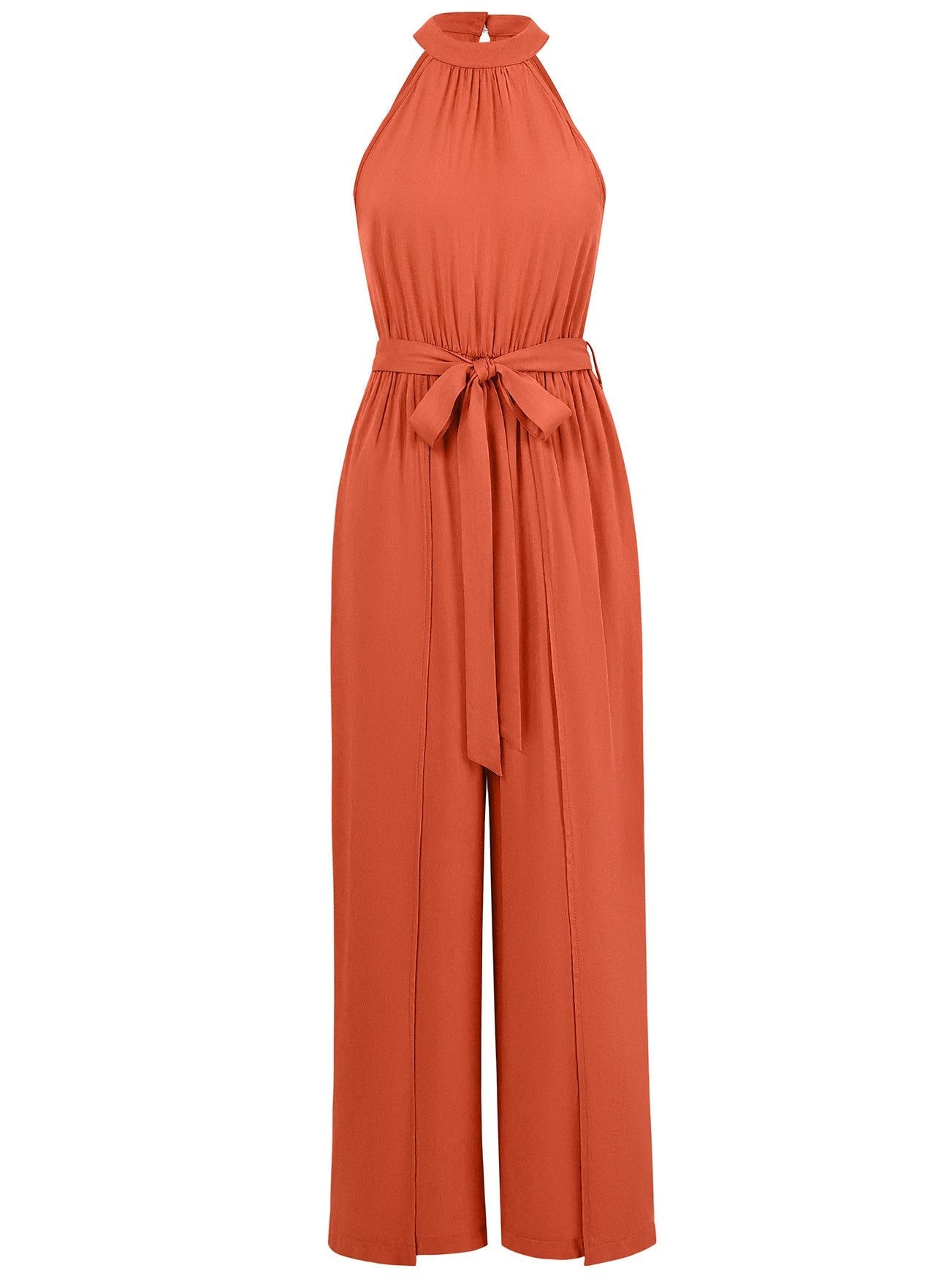Ärmelloser Jumpsuit in Terrakotta mit Taillengürtel, eleganter Halterneck, ideal für Sommermode, Damenbekleidung, stilvoll und bequem.