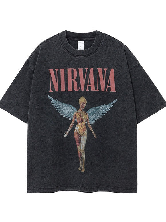 Schwarzes Nirvana T-Shirt mit Engelsmotiv, Unisex, Vintage-Stil, Baumwolle, lässig, Band-Merchandise, ideal für Rockmusik-Fans.