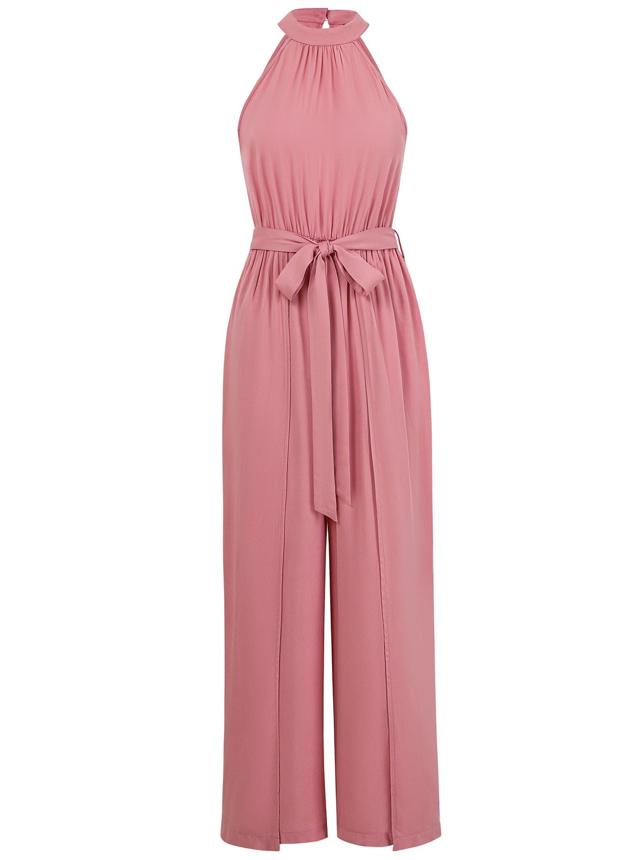 Rosa ärmelloser Jumpsuit mit Taillengürtel, elegantes Design, ideal für Sommermode, Damenbekleidung, stilvoller Einteiler für besondere Anlässe.