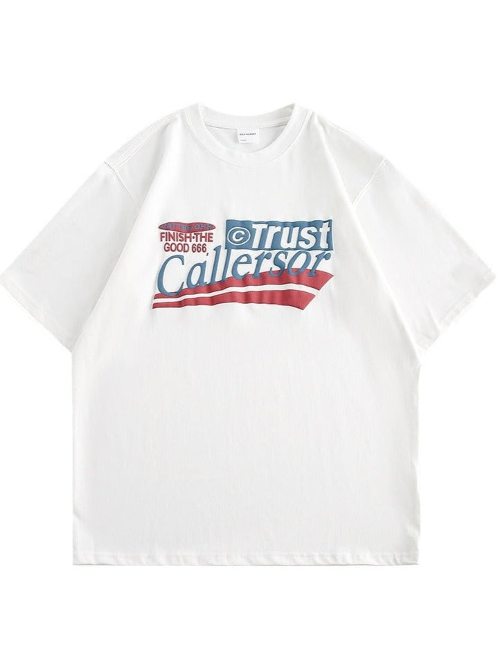 Weißes T-Shirt mit buntem Print "Trust Callersor" und "Finish the Good 666", lässiger Stil, Unisex, ideal für Streetwear und Freizeitmode.