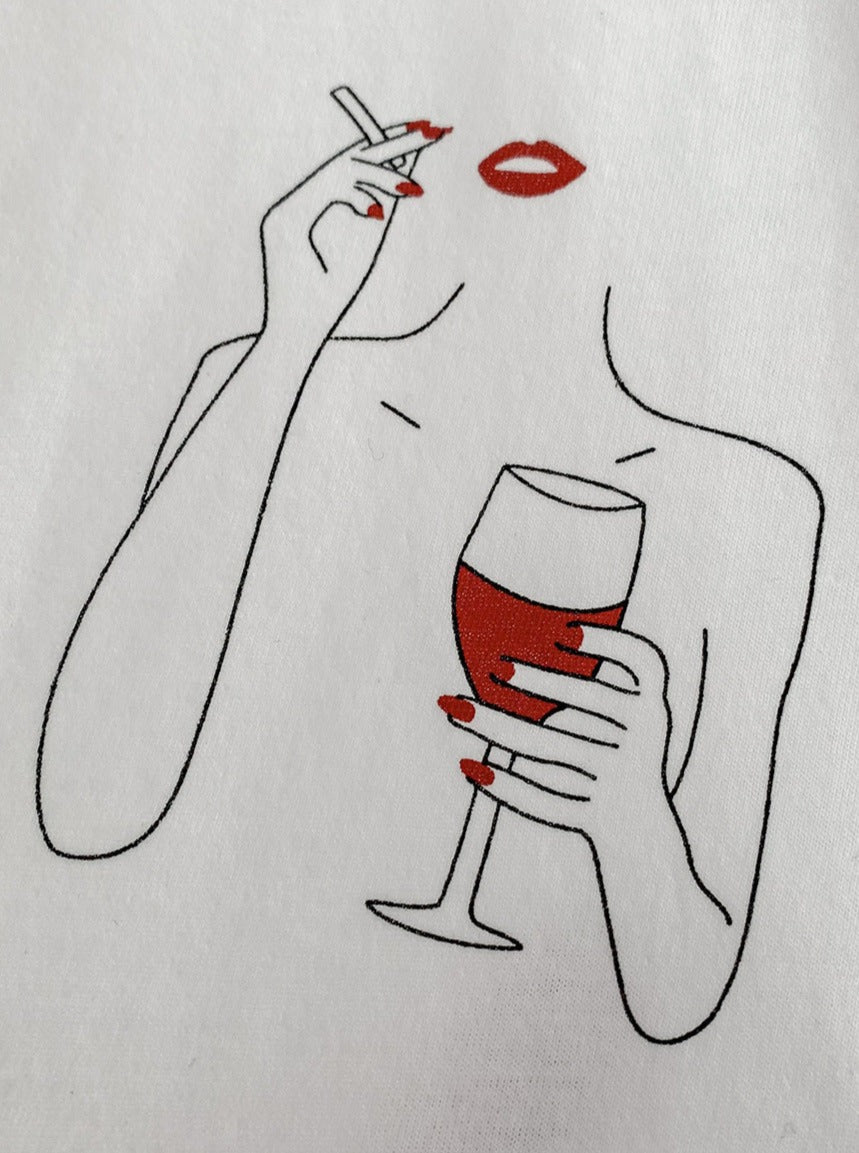 Minimalistisches Design: Frau mit rotem Lippenstift hält ein Weinglas und Zigarette. Moderne Kunst, stilvolle Illustration, zeitloses Dekor.