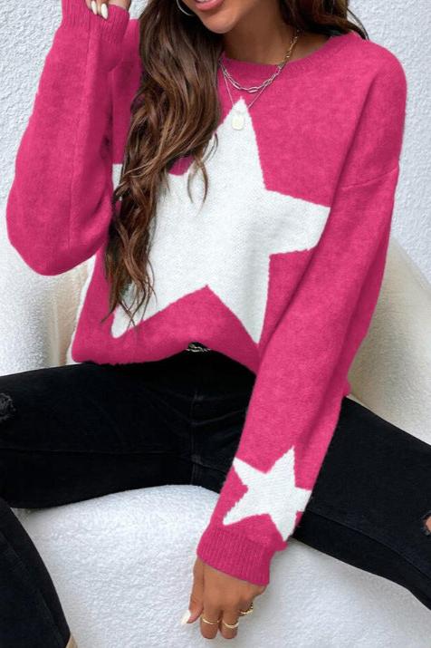 Damenpullover in Pink mit weißem Sternmotiv, lässig geschnitten. Perfekt für Herbstmode, trendige Strickmode, gemütlicher Look.