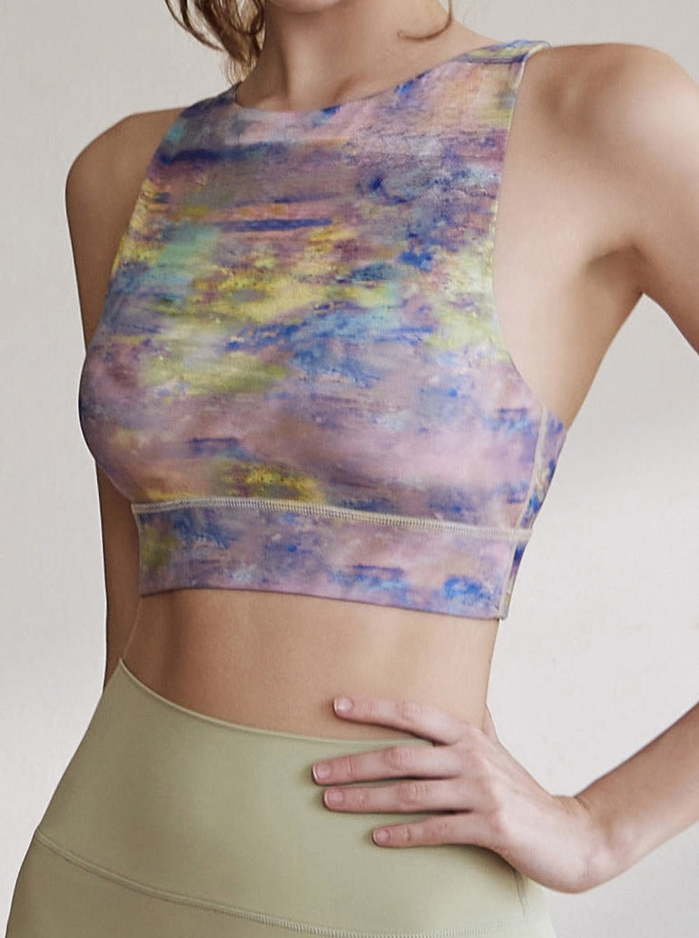Damen-Sport-BH mit abstraktem Aquarell-Design, nahtlos und atmungsaktiv, ideal für Yoga und Fitness. Hochwertige Sportbekleidung für Frauen.