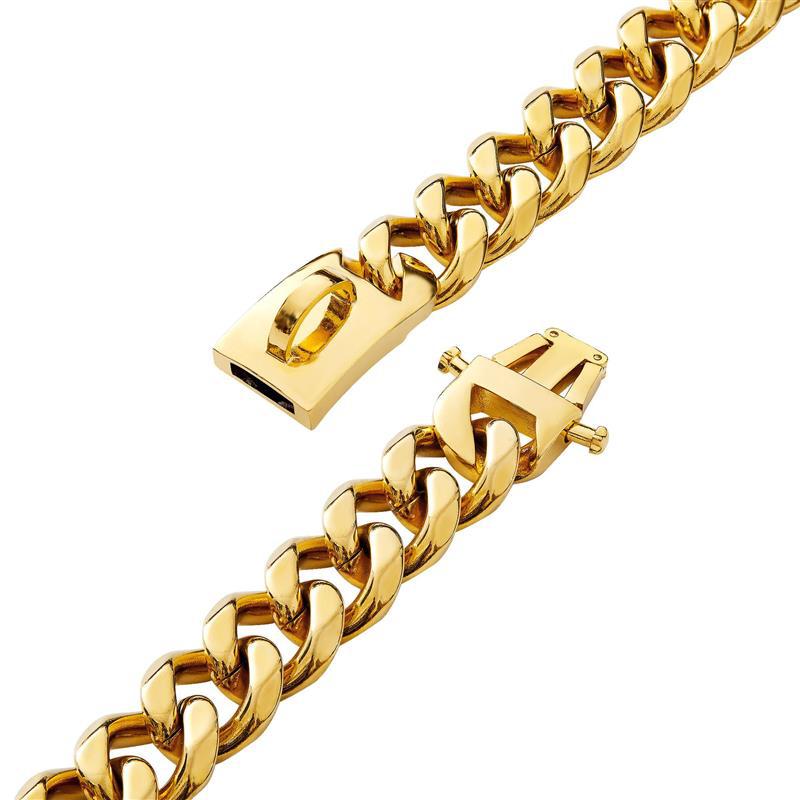 Goldenes Panzerarmband mit Klappverschluss, Herren Schmuck, Edelstahl, modisch, glänzend.