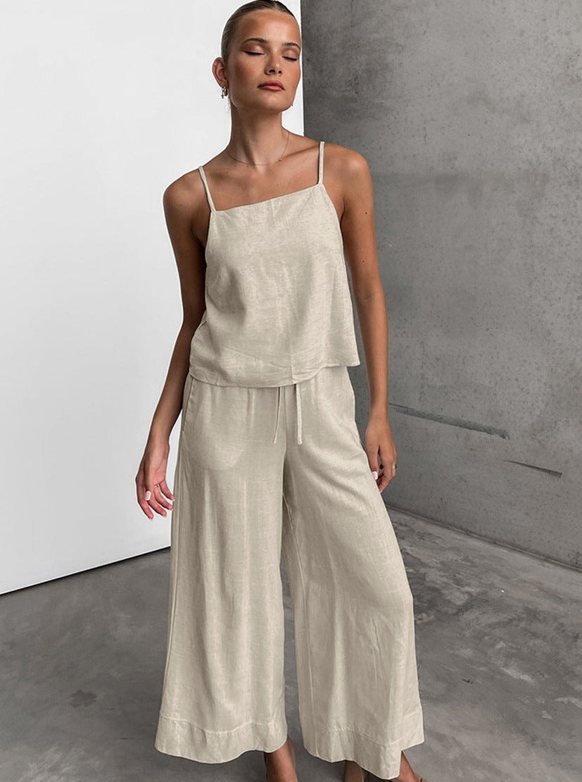 Damen Leinen Set, ärmelloses Top und weite Hose, beige. Perfekt für Sommermode, lässiger Look, atmungsaktiv und stilvoll.