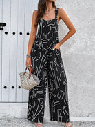 Damen Jumpsuit mit abstraktem Muster, ärmellos, schwarz-weiß, lässig, Sommermode, bequem, trendig, ideal für Freizeit und Strand.