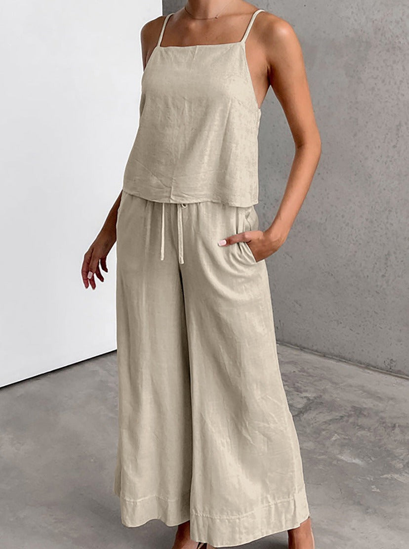 Damen Leinen Jumpsuit in Beige, ärmellos mit weitem Bein und Kordelzug. Perfekt für Sommermode, lässiger Look, atmungsaktiver Stoff.