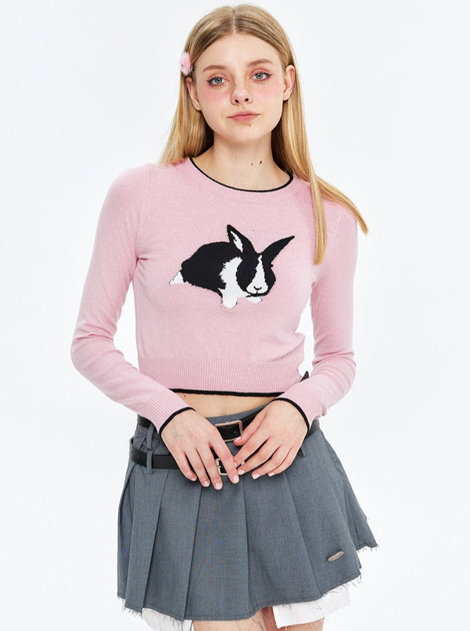 Damenpullover mit Hasenmotiv, rosa, langärmelig, modisch, weicher Strick, ideal für Frühling, trendige Kleidung, lässiger Stil, hochwertig.