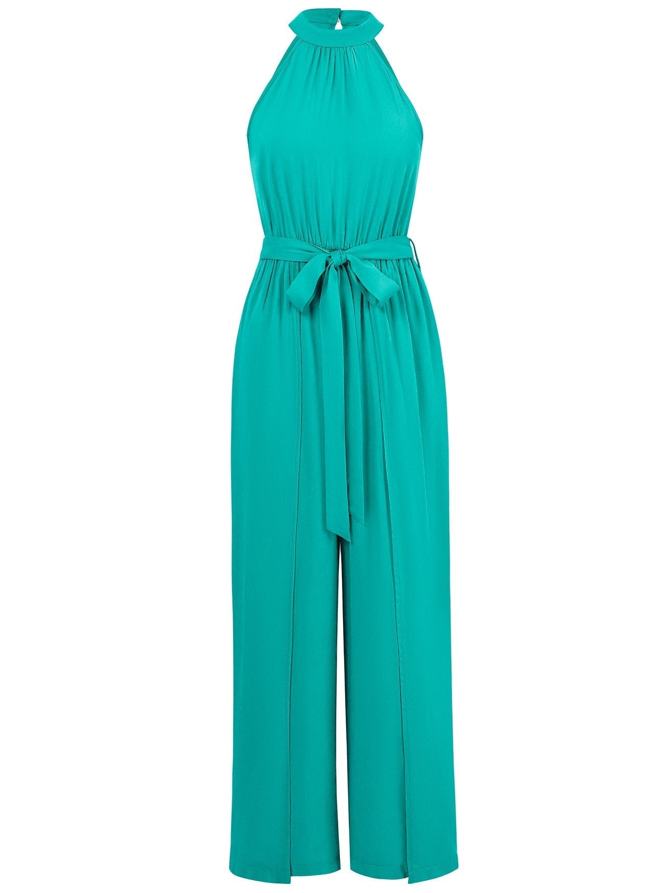Ärmelloser Jumpsuit in Türkis mit Taillengürtel, elegantes Design, ideal für Sommermode, Damenbekleidung, trendiger Einteiler, modisch und bequem.