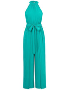 Ärmelloser Jumpsuit in Türkis mit Taillengürtel, elegantes Design, ideal für Sommermode, Damenbekleidung, trendiger Einteiler, modisch und bequem.
