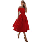 Elegantes rotes Off-Shoulder-Kleid für Damen, knielang, ideal für Abendveranstaltungen. Perfekt für stilvolle Mode und zeitlose Eleganz.