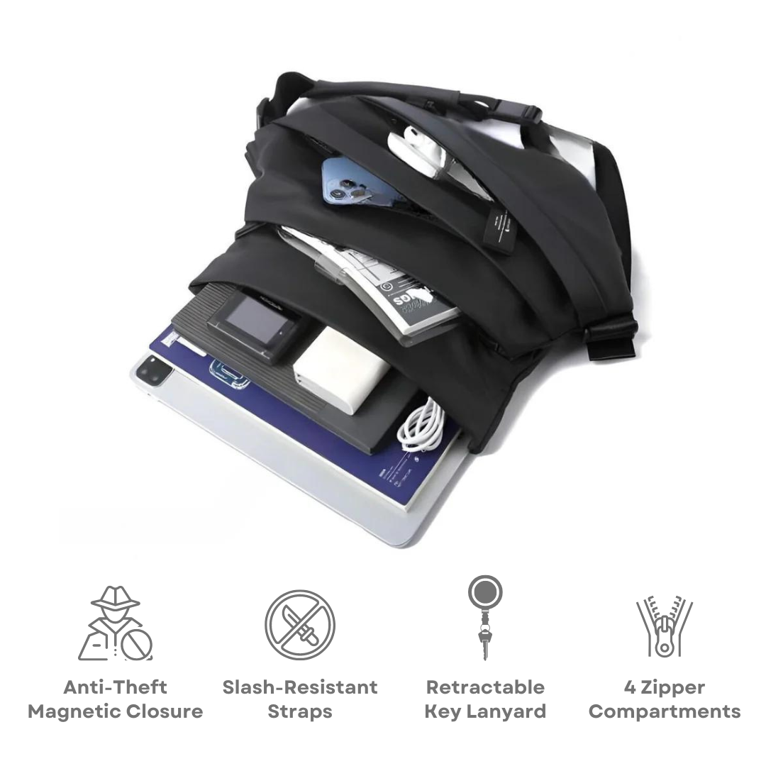 Schwarze Sling-Tasche, Diebstahlschutz, mehrere Fächer, verstellbare Riemen, für Reisen.