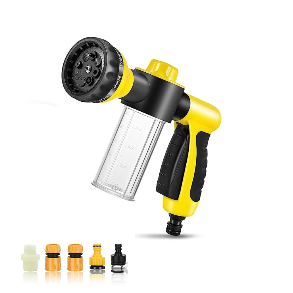 Hochdruck-Gartensprühpistole mit einstellbarem Sprühkopf, ergonomischem Griff und Zubehör. Ideal für effiziente Gartenbewässerung.