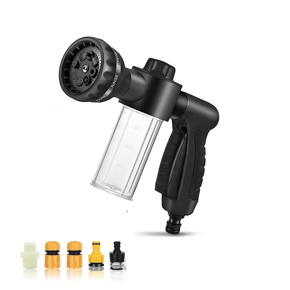 Hochdruck-Wasserpistole mit einstellbarer Düse und Seifenbehälter, ideal für Autowäsche und Gartenbewässerung. Inklusive Adapter und Anschlüsse.