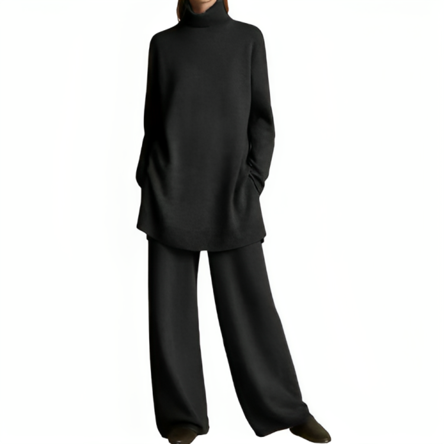 Damen-Outfit: Eleganter schwarzer Rollkragenpullover und weite Hose. Modetrend, Herbstmode, stilvoll, bequem, zeitloses Design.