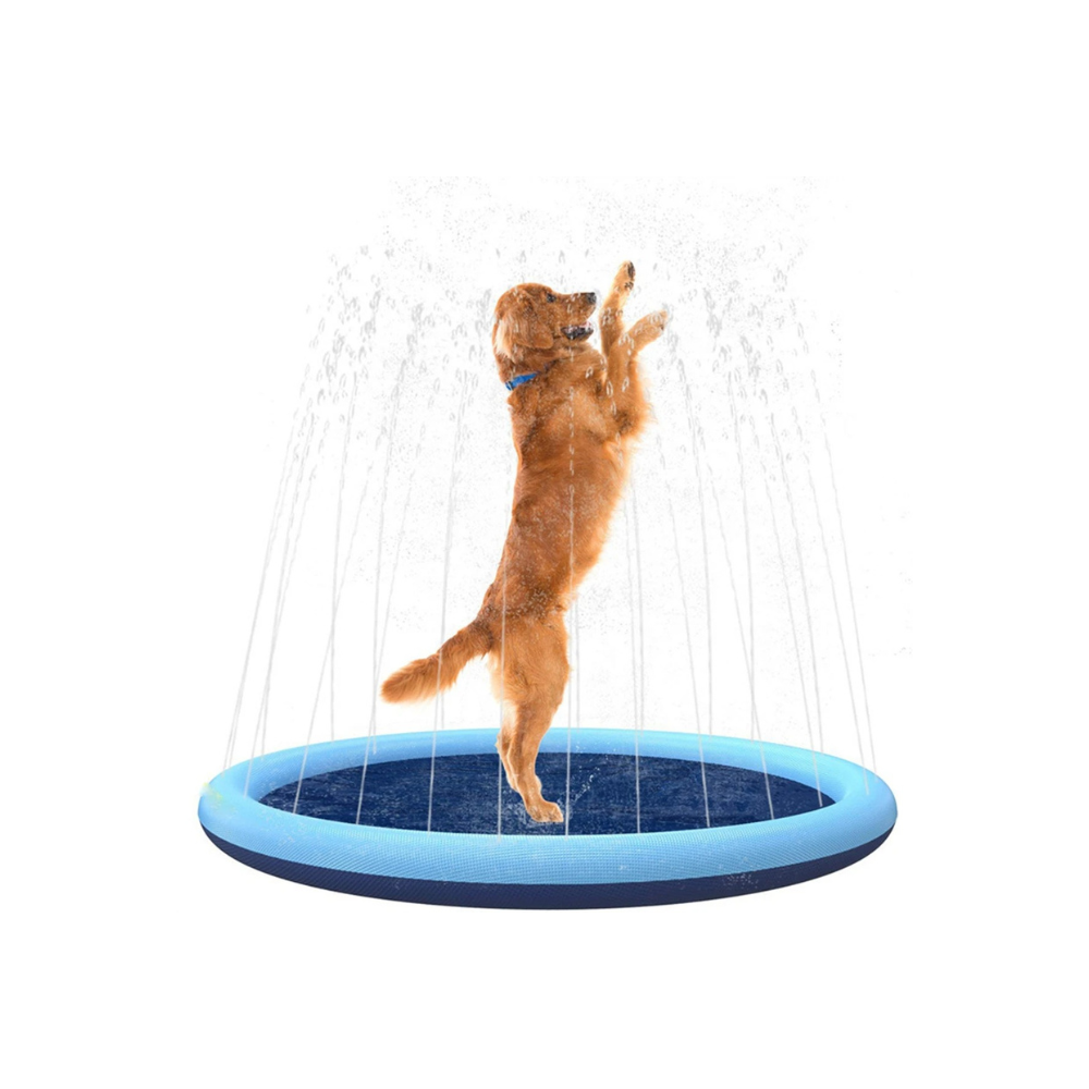 Hund spielt im Wassersprinkler-Pool, ideal für Sommerabkühlung. Perfektes Hundespielzeug, robust und einfach aufzubauen. Outdoor-Wasserspaß.