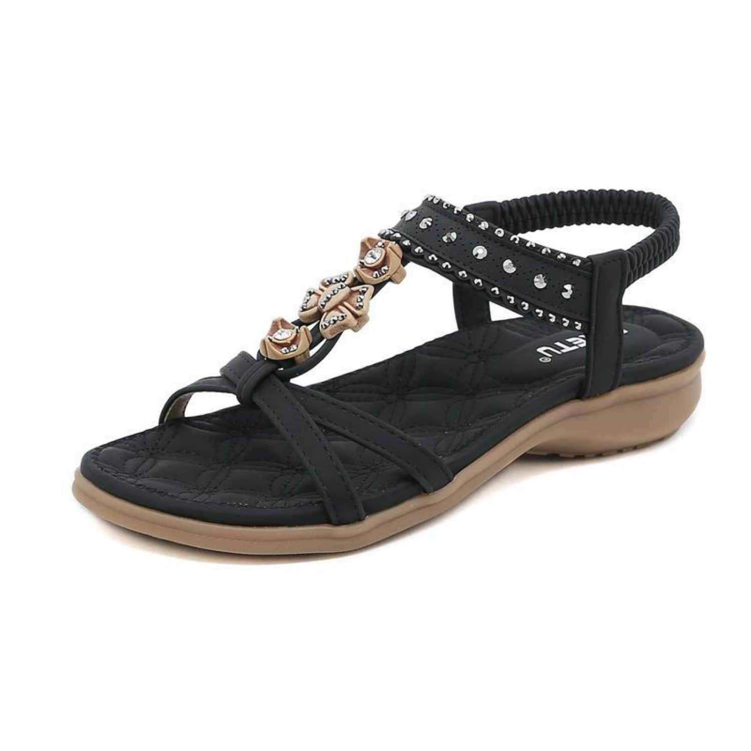 Schwarze Damen-Sandale mit Strasssteinen, elastischem Fersenriemen und gepolsterter Sohle. Ideal für Sommermode und bequemen Alltagsstil.