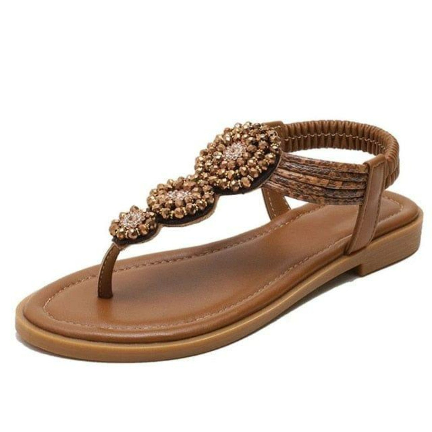 Braune Sandale mit Perlenverzierung, flachem Absatz und elastischem Riemen. Perfekt für Sommermode, Damen-Sandalen, bequeme Schuhe.