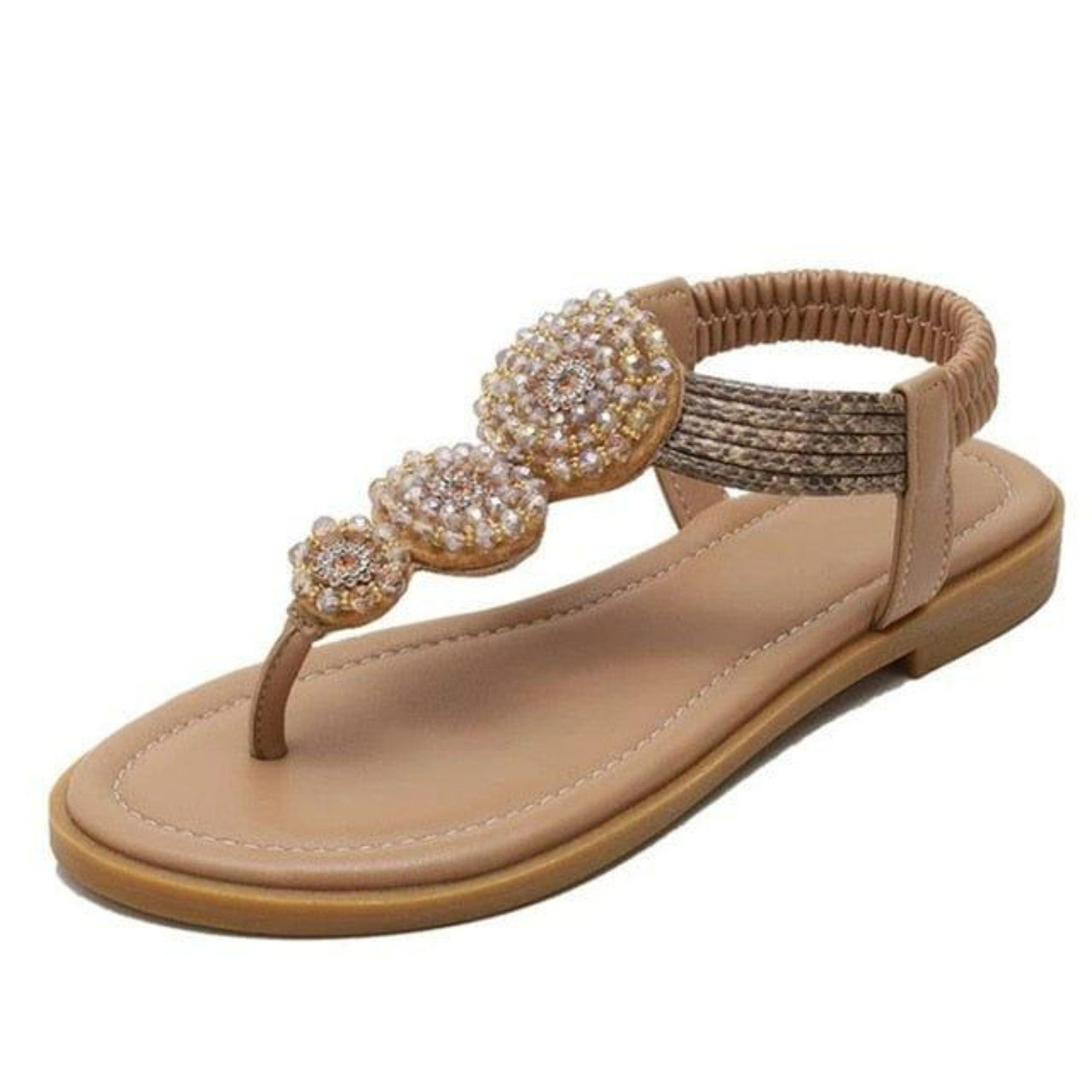 Beige Sandale mit Strassverzierung, flachem Absatz und elastischem Fersenriemen. Perfekt für Sommermode und elegante Freizeitlooks.