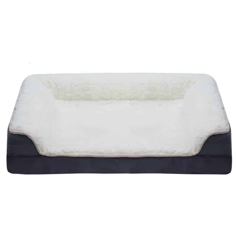 Orthopädisches Hundebett, abnehmbarer Bezug, weißes Plüsch, rechteckig, komfortabel.