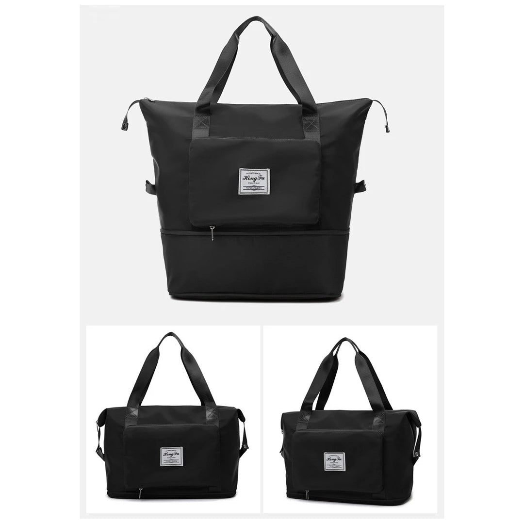 Schwarze, wasserabweisende Reisetasche mit Reißverschluss und Tragegriffen. Vielseitige, stilvolle Tasche für Reisen und Alltag.