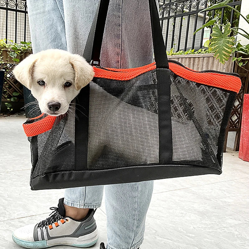 Welpen-Tragetasche aus Netzstoff, schwarz-orange, für Hunde, tragbar, atmungsaktiv.
