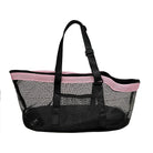 Schwarze Netz-Einkaufstasche mit rosa Rand, verstellbarem Gurt, ideal für Strand oder Einkäufe.