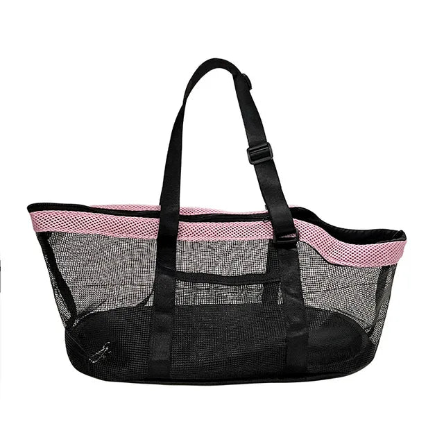 Schwarze Netz-Einkaufstasche mit rosa Rand, verstellbarem Gurt, ideal für Strand oder Einkäufe.