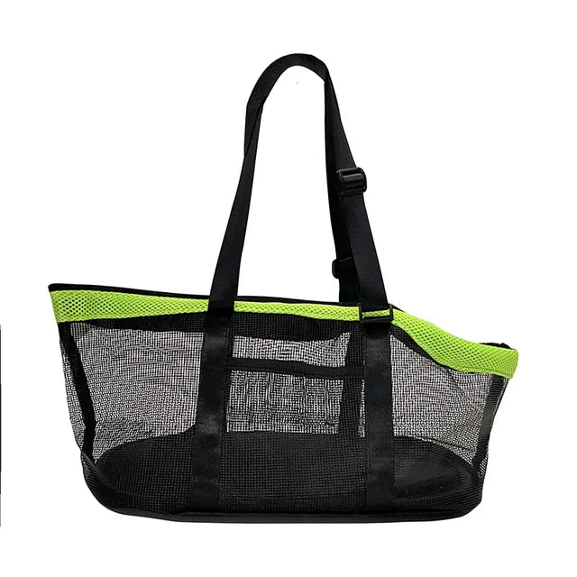 Schwarze Netz-Einkaufstasche mit neon-grünen Akzenten, ideal für Strand oder Einkäufe.