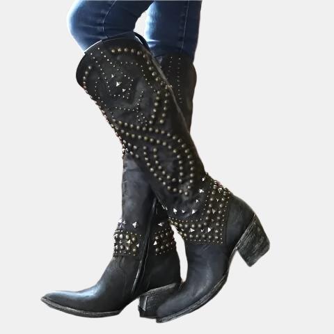 Gothic Metal Nieten Stiefel, knielang, retro, spitze Zehen, quadratischer Absatz, Western Cowboy-Stil, Damen, große Größen, schwarz.