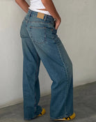 Damen-Jeans, extra weit, niedrige Taille, Vintage-Blau-Grün, Baumwolle, lässiger Stil.