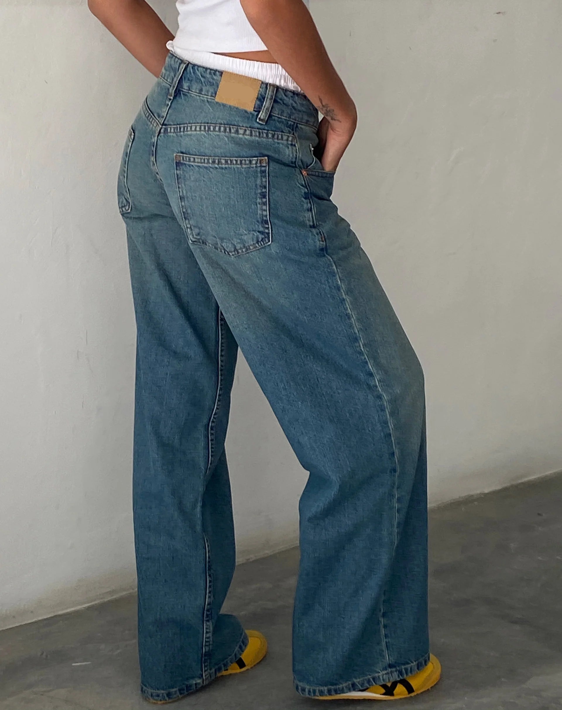 Damen-Jeans, extra weit, niedrige Taille, Vintage-Blau-Grün, Baumwolle, lässiger Stil.