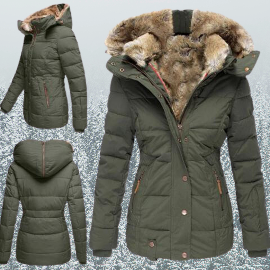 Damen Winterjacke mit Kapuze, olivgrün, gefüttert mit Kunstfell, warm und stilvoll, ideal für kalte Temperaturen und Outdoor-Aktivitäten.
