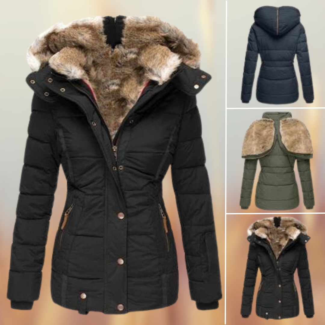 Damen Winterjacke mit Kunstfellkapuze, warm gefüttert, in Schwarz und Grün. Perfekt für kalte Tage, modisch und funktional.