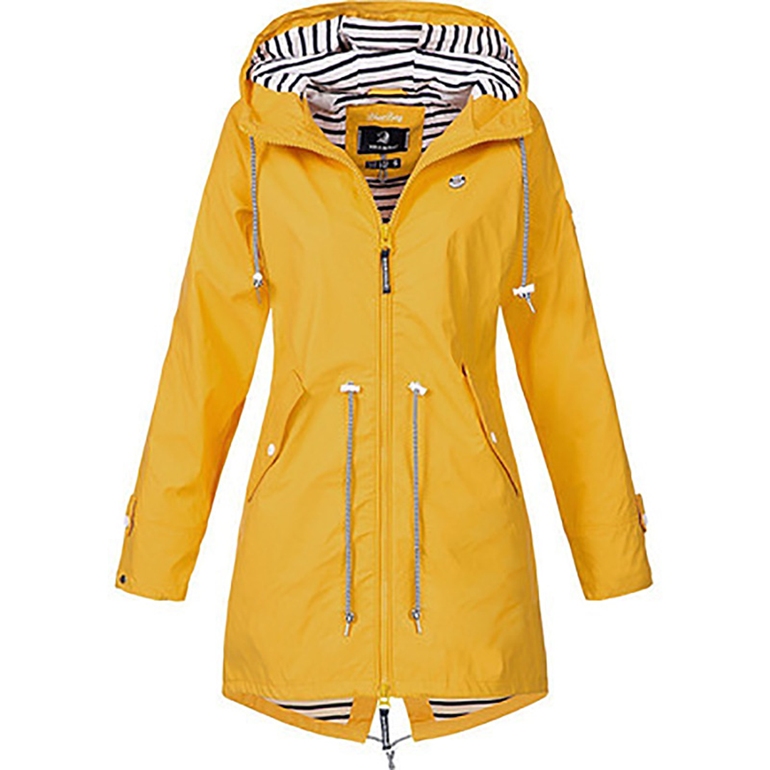 Damen-Regenmantel in Gelb mit Kapuze, wasserdicht, atmungsaktiv, ideal für Outdoor-Aktivitäten. Modischer Regenjacke für Damen.