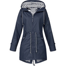Damen-Regenmantel in Marineblau mit Kapuze und Kordelzug, gestreiftes Innenfutter. Wasserdicht, modisch, ideal für regnerische Tage.