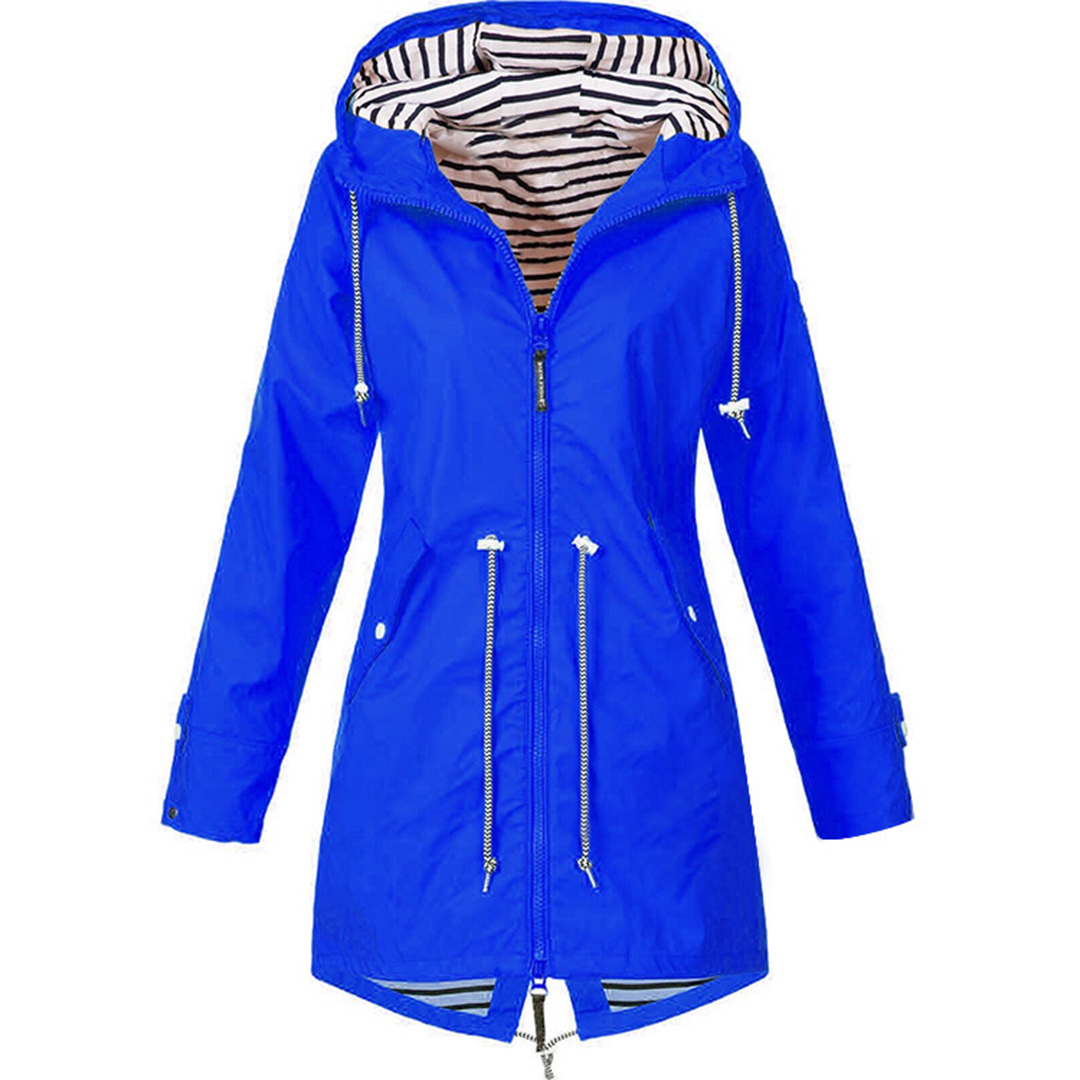 Damen-Regenmantel in leuchtendem Blau mit Kapuze und Kordelzug, wasserdicht, ideal für Outdoor-Aktivitäten. Modisch und funktional.